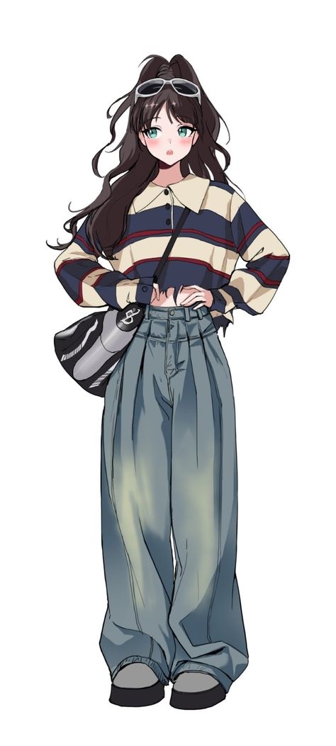 Casual Outfits Design Drawing, Modern Clothes Drawing, Dark Skin Character Design Women, Anime Female Outfits Casual, Casual Outfits Anime, Full Body Character Poses, Female Outfit Reference, Clothes Side View, Casual Anime Outfits