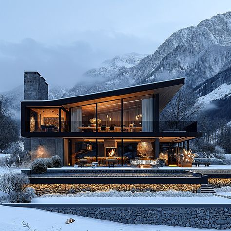 Azad Azarkish: Embarking on a sensory journey in this modern cozy hotel cafe nestled in the Swiss mountains. The contemporary facade captivates with its sleek design, seamlessly blending black rustic wood and glass against the snowy backdrop.  #architecture #house #fashion #decor #diy #homedecor #amazingarchitecture #interiordesign #contemporaryhome #modern #residence #designer Contemporary Facade, Cozy Hotel, Alpine Modern, Snowy Backdrop, Scandinavian Houses, Glass House Design, Modern Mountain House, Mountain Home Exterior, Swiss Mountains