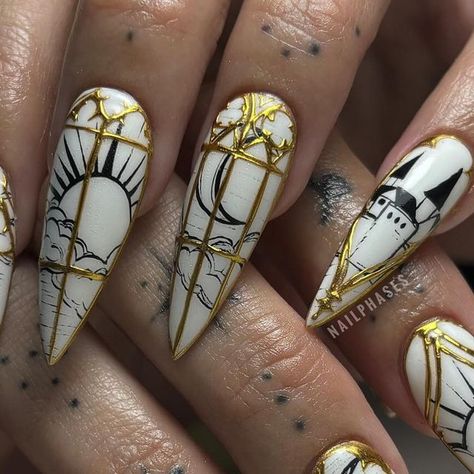 NAT MCMAINS on Instagram: "@icarus_tattoo inspired ⚜️  Swipe to see the inspo!  #handpaintednails #nailart #castle #cathedral #cathedralnails #goldnails #stilettonails #spookyseason #austinnails #atxnails #atx #nailphases" Book Nails Aesthetic, Tarot Cards Nails, Cathedral Nail Art, Stained Glass Nails Acrylic, Gothic Cathedral Nails, White Gothic Nails, Targaryen Nails, American Horror Story Nails, Intricate Nail Art