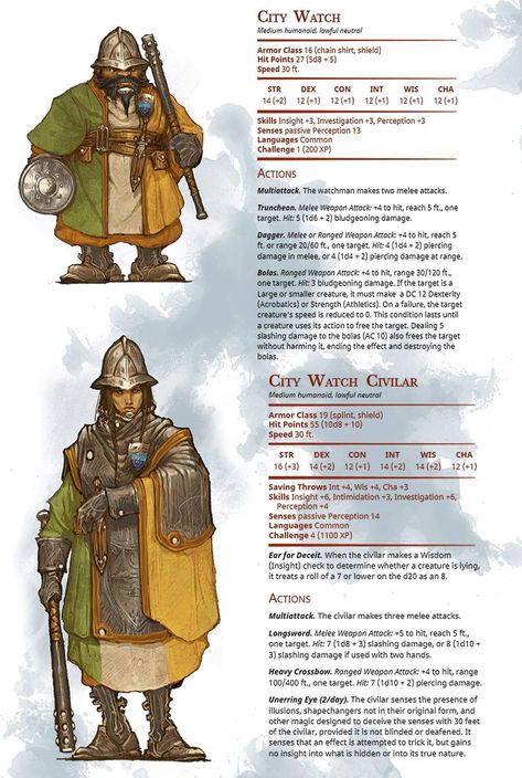 5e NPCs - City Watch City Watch Guard, Guard Dnd 5e, City Watch Dnd, Dnd Npc Stat Blocks, Dnd City Encounters, Dnd City Guard, D&d Npc Ideas, Npc Ideas Dnd, Dnd 5e Npc