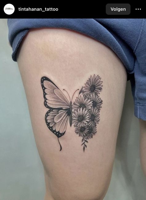 Butterfly Tattoo Sunflower, Butterfly With Daisy Tattoo, Butterfly Daisy Tattoo, Butterfly And Daisy Tattoo, Daisy And Butterfly Tattoo, Butterfly And Sunflower Tattoo, Butterfly Sunflower Tattoo, Sunflower Butterfly Tattoo, Bestie Tats