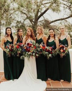 Long dark green bridesmaids dresses with rustic fall bouquets {Aysia Lanae Photography} Dark Green Bridesmaids, Dark Green Bridesmaid Dresses, Green Bridesmaids Dresses, Dark Green Bridesmaid, Emerald Wedding Colors, Rustic Bridesmaid Dresses, Emerald Green Bridesmaid Dresses, Dark Green Wedding, Dark Green Bridesmaid Dress