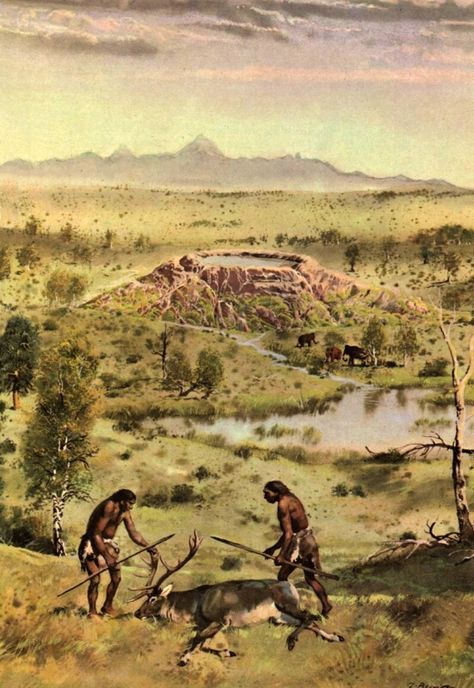 Dinosaur History, Prehistoric Animals Dinosaurs, American Indian Artwork, Deer Artwork, Prehistoric Man, Early Man, Early Humans, Prehistoric World, Human Evolution