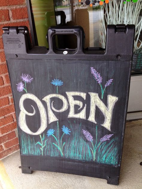 Chalkboard Open Sign Chalkboard Open Sign Ideas, Chalkboard Advertising, Chalkboard Sign Ideas, We're Open Sign, Boutique Signs, Chalkboard Inspiration, Chalk Designs, Salon Promotions, Open & Closed Signs