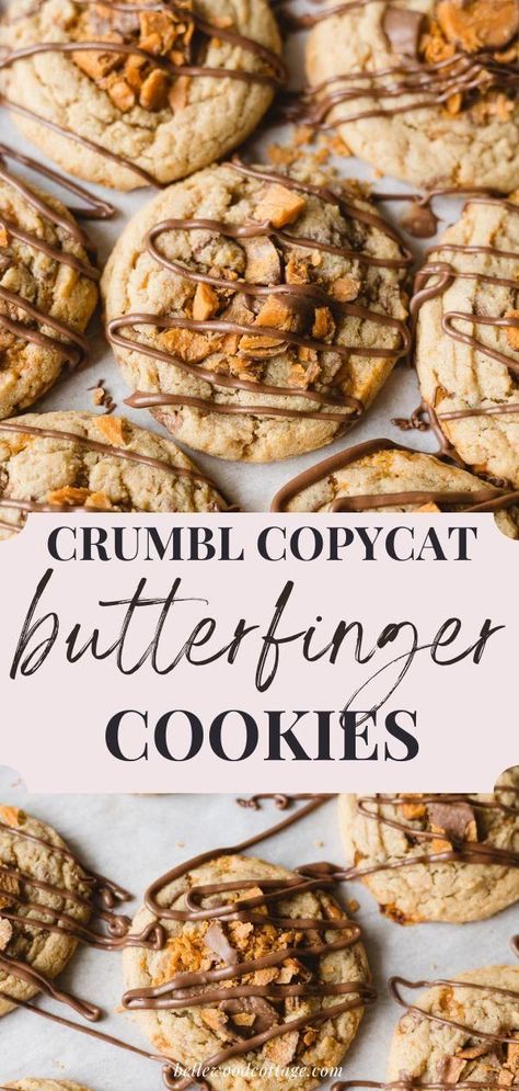 Crumbl Turtle Cookie Copycat, Best Chewy Cookies, Easy Gourmet Cookie Recipes, Over The Top Dessert Ideas, Butter Finger Cookies, Crumble Cookie Copycat, Cheryl's Cookies Copycat, Butter Finger Cookies Recipe, Cobbler Cookies