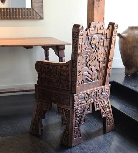 Aztec Revival Chair Morelia, Michoacan, Mexico, 1926, Talleres de Gillermo Ruiz, each individually carved with its own symbology Aztec Furniture, Aztec House, Peruvian Culture, Michoacan Mexico, Aztec Empire, Aztec Decor, Antiques Furniture, Furniture Gallery, Couch And Loveseat