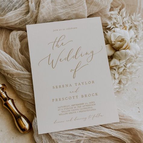 Delicate Gold Calligraphy | Cream The Wedding Of Invitation Champagne Wedding Themes, Wedding Invitations Champagne, Cream Wedding Invitations, Wedding Neutral, Romantic Minimalist, Whimsical Typography, Gold Foil Design, Beige Wedding, Gold Calligraphy