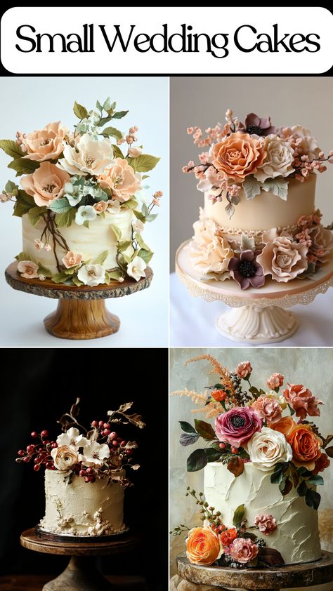 Elegant small wedding cake with floral and rustic decor, ideal for intimate weddings. Cakes With Gold Accents, Small Simple Wedding Cake, Simple Wedding Cake Designs, Simple Small Wedding, Small Wedding Cake Ideas, Cakes With Flowers, Wedding Cake Designs Simple, Small Wedding Cake, One Tier Cake