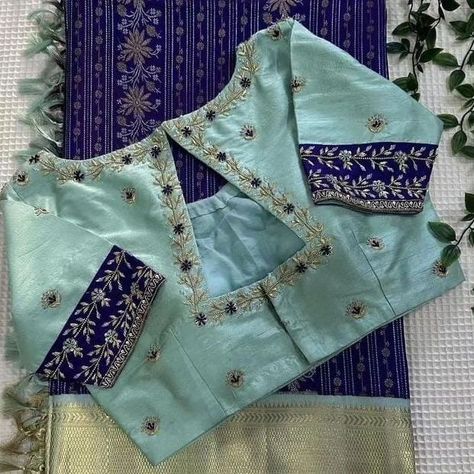 Dm@9640490158 Designer maggam work blouse Fabric: Halfpattu/Rawsilk Dispatch: 3days Price : 2500unstiched .3050stitched Colours and sizes can be customised accordingly Silver Colour Maggam Work Blouse, Sea Green Maggam Work Blouse, Blouse With Lace Design, Green Blouse Designs, Maggam Designs, Worked Blouse, Blue Blouse Designs, Lace Blouse Design, Mirror Work Blouse Design