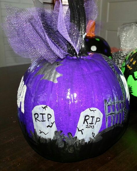 Graveyard & Ghost Painted Pumpkin Halloween 2013 Graveyard Pumpkin Painting, Puffy Paint Ghost, Pumpkin Zombie Painting, Gerald Pumpkin Painting, Pumpkin Graveyard, Purple Graveyard, Pumpkin Creations, Pumpkin Inspiration, Craft Pumpkins