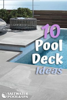 Pool Deck Tile, Pool Deck Ideas Inground, Pool Decking Concrete, Pool Deck Decorations, Decks Around Pools, Pool Makeover, Inground Pool Landscaping, Salt Water Pool, Pool Deck Ideas