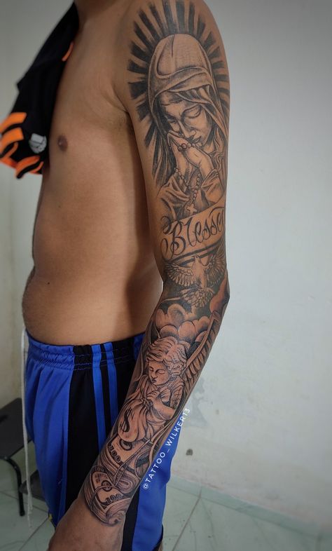 2003 Tattoo Ideas Men, Outer Bicep Tattoo Men Sleeve, Outer Sleeve Tattoo, 2002 Tattoo Ideas For Men, Chicano Arm Tattoo, Top Arm Tattoo For Men, Back Bicep Tattoo, Upper Arm Sleeve Tattoos For Guys, Outer Arm Tattoo Men