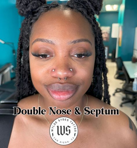 Double nose and septum piercing! All in one sitting! All jewelry implant grade titanium! www.wyldesydestattoo.com #nosepiercing #wyldesydestattoo #sandiego #piercing #bodypiercing #piercingstudio #septumpiercing Septum Double Nose Piercing, Double Nose Ring And Septum, Nose And Septum Piercing, Double Nose And Septum Piercing, 2 Nose Piercings On Each Side And Septum, Nose Ring And Septum, Nose Peircings Double And Septum, Double Nose Piercing With Septum, Two Nostril Piercing And Septum