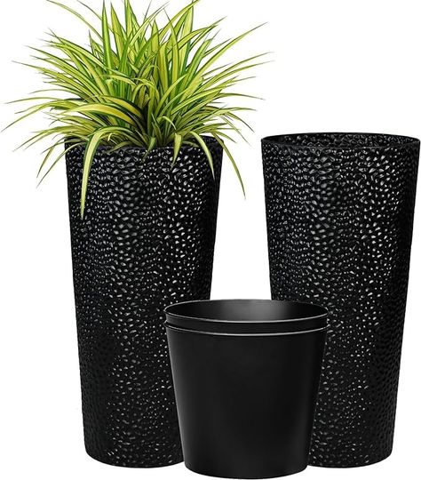 Amazon.com : Worth Garden 2-Pack 28" H. Metal Planter with 2X Inside Pots - Hand-Hammered Texture Tall Cone Plant Pots - Large Handcrafted Black Flower Pot for Indoor Outdoor, Deck, Patio, Front Porch : Patio, Lawn & Garden Indoor Outdoor Deck, Front Entrance Decor, Extra Large Planters, Indie Decor, Black Planters, Small Front Yard, Steel Planters, Tall Planters, Fall Front Porch