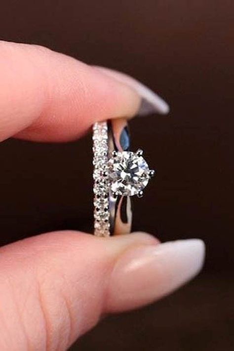 Engagement And Wedding Ring Sets Round, Wedding Bands For Simple Engagement Ring, Simple Engagement Rings With Wedding Band, Wedding Bands For Solitaire Rings Round, Simple White Gold Engagement Rings, Rings Engagement White Gold, Engagement Ring Band Styles, Ring Married, Wedding Rings White Gold