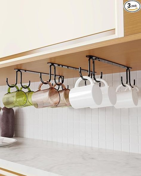 Amazon.com: Luckinow Mug Hooks Under Cabinet 3 Pack, Coffee Cup Hooks for Hanging Under Shelf, Mug Organizer Rack with 12 Hooks for Displaying Mugs, Coffee Cups and Kitchen Utensils, Black : Home & Kitchen Under Cabinet Decor, Mug Organizer, Mug Hooks, Coffee Mug Storage, Hanging Mugs, Mug Storage, Cup Hooks, Mug Holder, Wine Glass Holder