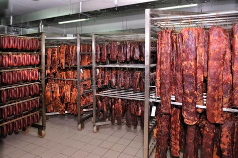 Meat Factory Design, White Rice And Black Beans, Butcher House, Meat Factory, Rice And Black Beans, Meat Curing, Cooked White Rice, Cabin Mansion, Drying Room