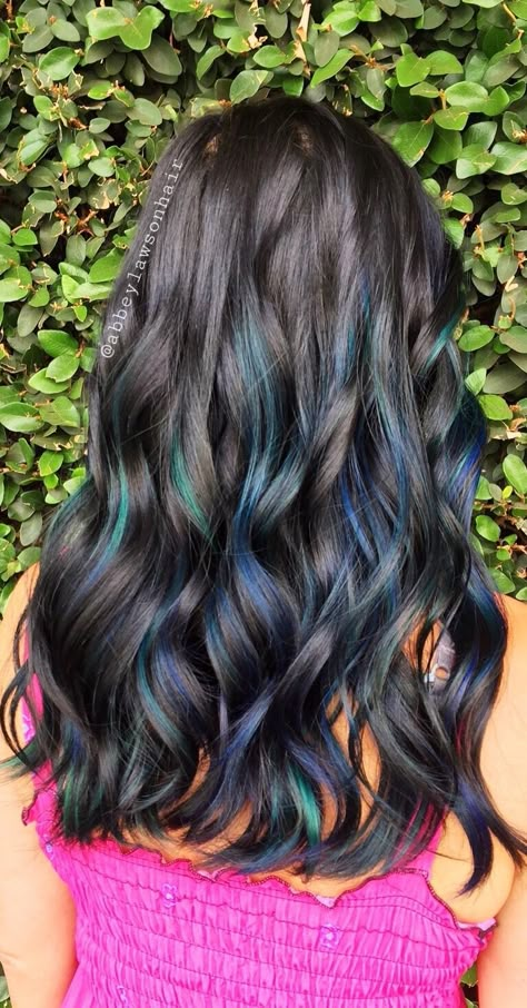 Blue And Green Peekaboo Hair, Peacock Hair Highlights, Blue And Green Highlights In Brown Hair, Peacock Green Hair Color, Blue And Green Hair Highlights, Best Hair Dye Colors For Brunettes, Blue And Green Balayage, Peacock Blue Hair Color, Blue And Green Streaks In Hair