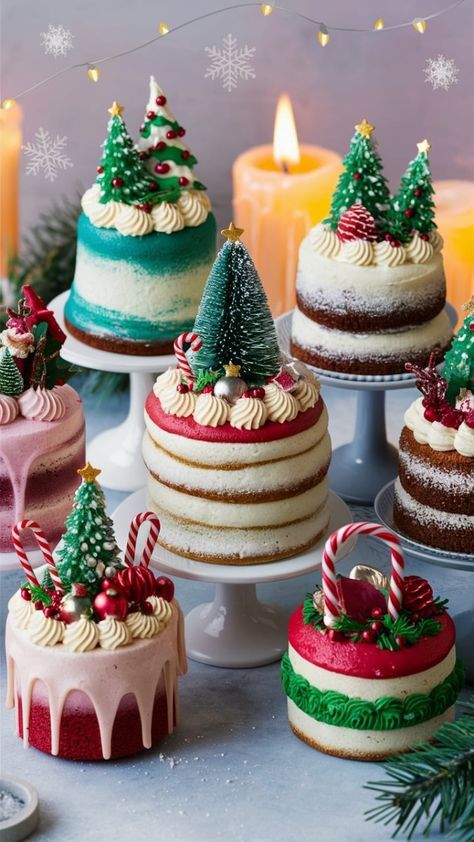 Christmas Mini Cake Designs, Christmas Cakes Ideas, Homemade Christmas Cake, Fluffy Buttercream, Art Spread, Mini Christmas Cakes, Easy Christmas Cake Recipe, Christmas Themed Cake, Mini Torte