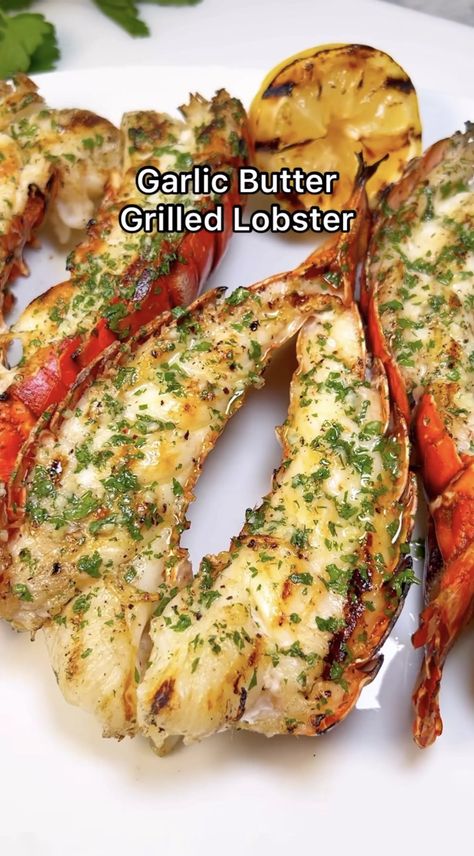 Garlic Butter Grilled Lobster Tails with Grilled Lemons — Chef Genevieve Grill Lobster Tail Recipe Garlic Butter, Lobster On Grill, Grilled Lobster Tails With Herb Butter, Garlic Lobster Tails, Garlic Butter For Lobster, Grilling Lobster Tails, Lobster Tail Pasta Recipe, Lobster Tails On The Grill, Grill Lobster Tail