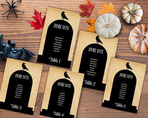 "This listing is for a editable gothic Halloween wedding seating chart template. You will receive an 5\"x7\" digital file. Just simply duplicate the template to the number of tables  you will have. Nothing is physically shipped to you from this listing, this is for a digital file only. TRY BEFORE YOU BUY! Copy and paste this link in the browser to demo the product before you buy. www.jettemplate.com/demo/RK1207 **HOW IT WORKS** - After purchasing the listing, you will receive an email from jet t Gothic Seating Chart Wedding, Halloween Seating Chart Wedding, Halloween Seating Chart, Halloween Wedding Activities, Goth Wedding Seating Chart, Gothic Seating Chart, Gothic Wedding Seating Chart, Wedding Sitting Chart, Gothic Table