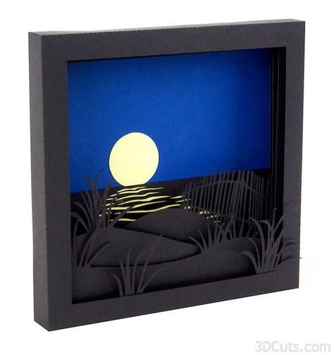 Tutorial-Sunrise Moonrise — 3DCuts.com Beach Shadow Boxes, Shadow Box Art, 3d Shadow Box, Paper Artwork, Paper Cut Art, Silhouette Design Store, Nature Themed, 3d Paper, Shadow Boxes