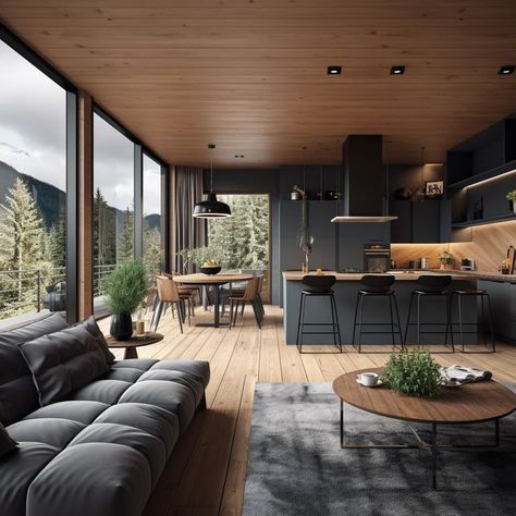 #homeoffice #productivity #workspace #homework #interiordesign #inspire #workfromhome #motivation #organization #homedecor Grey Wood House Interior, Black And Wooden House, Modern Wood House Interior, Masculine House Design, Nordic Modern House, Modern Alpine Interior, Nordic Longhouse, Scandinavian Modern House Interiors, Guest House Ideas Interior