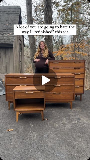 Carrie Anne | Furniture Flips & Home DIY Tips on Instagram: "I originally bought this set with the intention of turning the low dresser into a changing table and then selling the tall dresser and side table together, but once I got them home I couldn’t bear to split them up 😍  I’ve been wanting to try out this ✨gel stain technique✨ for a while and figured these pieces would be perfect to try it on, since only one of them was damaged. I love how the gel stain deepened the color, made them look more rich and covered all the minor blemishes. I did have to color match the veneer repairs on the tall dresser, but that was simple enough, and then all I needed to do was clean the hardware and condition the drawers. I’ll definitely be trying this again!  Gel stain by @minwaxusa in the color Walnut Refinish Cherry Furniture, Gel Stain Over Stained Wood, Nightstand Flip, Modern Dresser Makeover, Stained Dresser, Diy Furniture Flip, Low Dresser, Stain Techniques, Changing Table Dresser