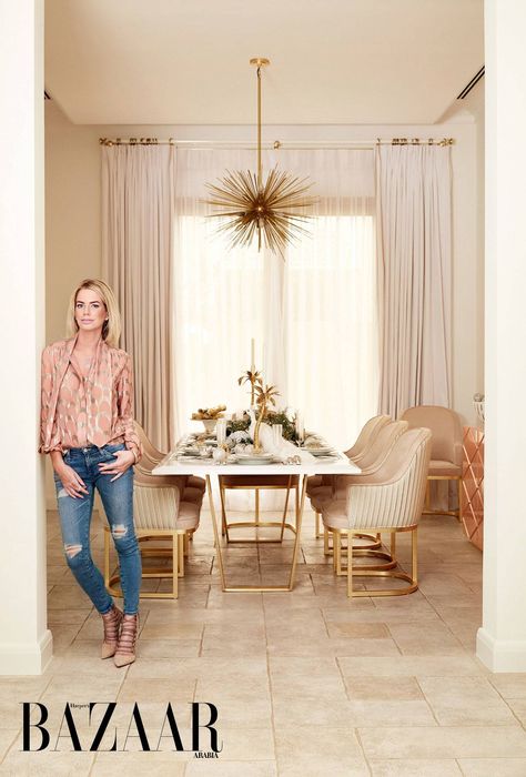 Ladies of London: Caroline Stanbury's Dubai Home Tour | PEOPLE.com Caroline Stanbury, Dining Ideas, Brass Furniture, Beige Living Rooms, Dining Room Inspiration, Celebrity Houses, Ladies Of London, Modern Vibe, Harper's Bazaar