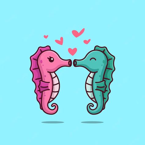 Seahorse Couple, Couple Animals, Cute Animal Couples Cartoon, Animals In Love Drawing, Animal Couple Drawing, Cartoon Couples, Kiss Illustration, Seahorse Drawing, Valentine Cartoon