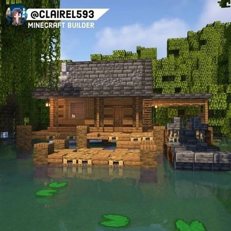 Minecraft River House Ideas, Minecraft Waterside House, Minecraft Floating House Water, Swamp Minecraft House, Minecraft Swamp Village, Water House Minecraft, Minecraft House On Water, Minecraft River House, Log Cabin Minecraft