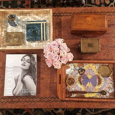 We're obsessing over the art deco theme and plethora of vintage finds on Taylor Swift's coffee table. Want to know how you can re-create this look in your home? We have the 10 items you need listed here. Taylor Swift House, Swag Dress, Art Deco Theme, Wood Butterfly, Pale Pink Roses, Shoes Diy, Coffee Table Styling, My Coffee, Floral Area Rugs