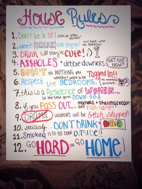 Apartment rules College Bedrooms, Bedroom Ideas College Apartment, Apartment Ideas College, Roommate Rules, Dorm Room List, Party Rules, College Apartments, Apartment Checklist, College Bedroom