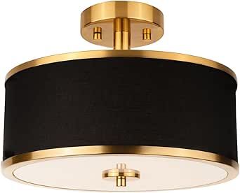 Edwarmlux 3-Light Semi Flush Mount Ceiling Light Fixture, 12.6" Gold Drum Light with Black Fabric Shade, Modern Close to Ceiling Light for Living Room Bedroom Dining Room Kitchen Hallway Entry Foyer Black And Gold Flush Mount Light Fixture, Black And Gold Bathroom, Hallway Entry, Ceiling Light For Living Room, Drum Light, Bathroom Ceiling, Entry Hallway, Light For Living Room, Bathroom Ceiling Light