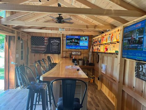 Outside Bars Ideas Backyards, Shed Turned Into Bar, Small Garage Bar Ideas, Party Shed Ideas, Man Shed Bar, Brick Backyard, Backyard Shed Bar Ideas, Backyard Bar Shed, Backyard Bars