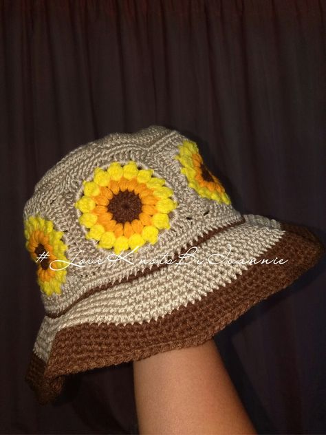 Crochet Item by LoveKnotsByIvannie 🌼 Sunflower Bucket Hat, Sunflower Bucket, Granny Square Bucket Hat, Sunflower Granny Square, Sunflower Hat, Crochet Products, Crochet Granny Square, Crochet Granny, Granny Square