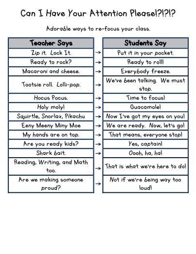 Classroom Attention Grabbers, Classroom Chants, Teaching Classroom Management, Attention Getters, Classroom Goals, Attention Grabbers, Substitute Teaching, Responsive Classroom, Attention Please