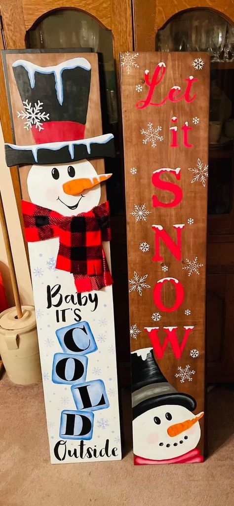 Christmas Plank Signs, Snowman Door Leaner, Wooden Welcome Signs Front Porches Diy Holiday, Christmas Wood Boards, Painted Christmas Porch Signs, Winter Door Leaner, Winter Porch Leaner Sign, Snowman Welcome Sign, Xmas Porch Signs