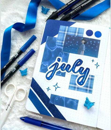 Hi everyone ✨💙 I decided to make a blue theme for the month of July and here’s the cover page for it 🌟 - #bulletjournal #bulletjournaling… Blue Bujo Theme, Blue Bullet Journal Theme, July Theme Bullet Journal, July Bullet Journal Calendar, July Spread Bullet Journal, Month Of July, Journal Design, Cover Pages, Animal Crossing