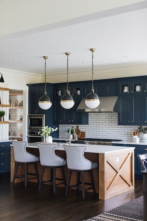 Beautiful Home Inspiration - House of Hargrove Wood Island Blue Cabinets, Blue Kitchen With Black Hardware, Blue Kitchen Cabinets Farmhouse, Seating Light, Calcutta Quartz, Barndominium Kitchen, Island Seating, Model Dapur, Wood Island