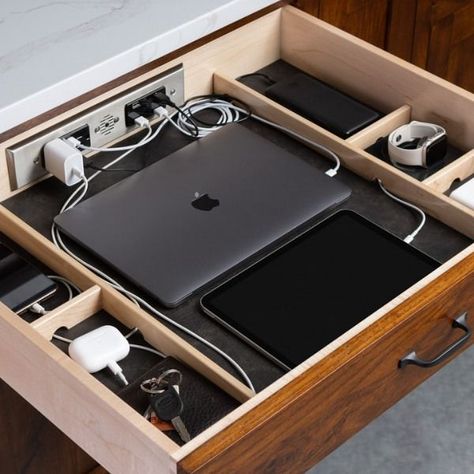 Docking Drawer™ on Instagram: "Introducing Preconfigured Charging Drawers! ⚡✨ Now, it's even simpler to upgrade your space with these solid maple, preconfigured drawers. Each comes complete with an integrated Docking Drawer Blade Series outlet in your choice of configuration, built-in drawer dividers, access holes for guiding cords, and more. Choose from standard drawer box sizes for easy installation into framed cabinetry. The drawer you choose comes fully assembled and ready to install. #SmartDesign #ChargingSolutions #ClutterFreeLiving" Plug In Drawer, Technology Drawer Organization, Electronics Drawer Organization, Drawer With Outlet, Outlet In Drawer, Charging Drawer, Docking Drawer, Small Gadgets, Dream Life House