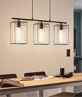 Triple Bar Light with Cylindrical Glass and Steel Box Frame Linear Pendant Lighting, Glass Ceiling Pendant, Bar Ceilings, Black Ceiling Lighting, Luminaire Vintage, Cage Pendant Light, Contemporary Ceiling Light, Cage Light, Black Ceiling