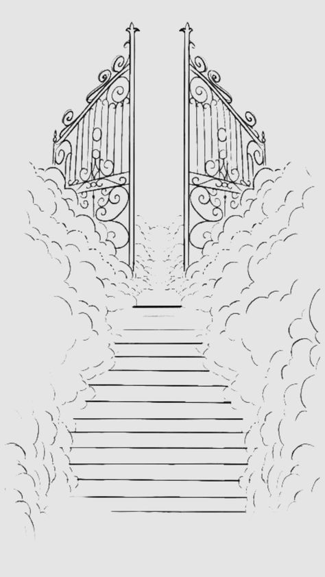 Heaven Gates Tattoo Stencil, Heaven Stairway Tattoo, Stairway To Heaven Tattoo Stencil, Gates Of Heaven Drawing, Cathedral Window Tattoo, Heavens Gates Tattoo Design, Marian Tattoo, Staircase To Heaven Drawing, Stairway To Heaven Drawing