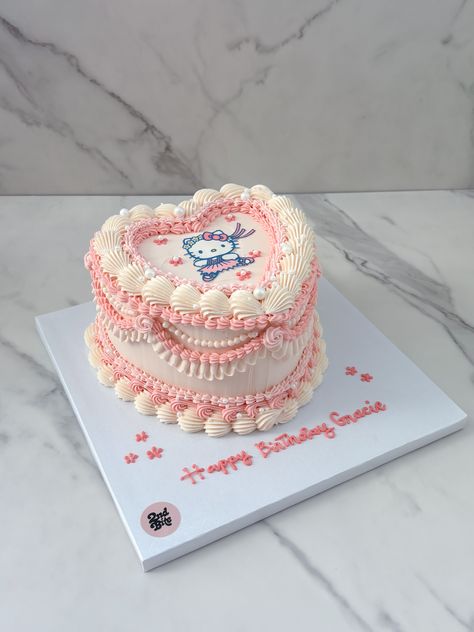 Sanrio Heart Cake, Hello Kitty Graduation Cakes, Hello Kitty Heart Cake, Pink Heart Cake, Heart Cake Decoration, Sanrio Party, Vintage Heart Cake, Buttercream Decorating, Graduation Dinner