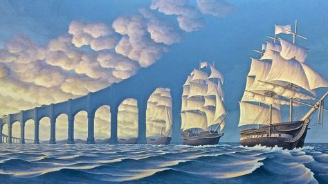 Artist-Rob Gonsalves  The boat pattern turns into a bridge. Robert Gonsalves, Optical Illusion Paintings, Amazing Optical Illusions, Illusion Paintings, Optical Illusions Art, Max Ernst, Magic Realism, Realism Painting, Rene Magritte