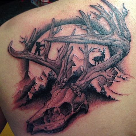 Deer Antler Tattoos, Bow Hunting Tattoos, Deer And Hunter, Deer Skull Tattoo, Buck Tattoo, Watercolour Tattoo Men, Antler Tattoos, Elk Tattoo, Deer Skull Tattoos