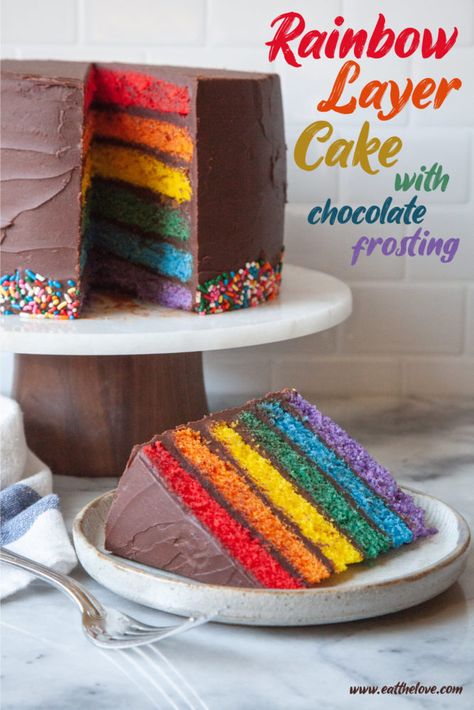 7 Layer Rainbow Cake, Rainbow Cake Chocolate, Chocolate Fudge Rainbow Cake, Rainbow Heart Cake Birthday, Rainbow Layer Cake Birthday, Rainbow Layer Cake Recipe, Simple Rainbow Cake Birthday, How To Make Rainbow Cake, Rainbow Chocolate Cake