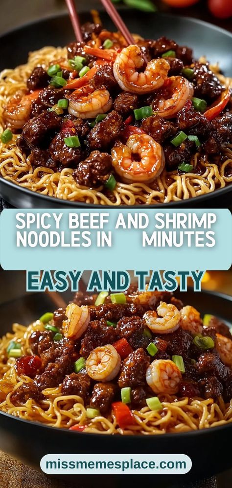 Enjoy a restaurant-quality meal at home with our Spicy Beef and Shrimp Noodles Recipe! This dish combines crispy chili beef, plump shrimp, and egg noodles tossed in a zesty sauce that packs a flavorful punch. With preparation and cooking taking only 30 minutes, you can have a satisfying dinner on the table in no time. Perfect for spice lovers, it’s a culinary journey through Asian flavors that’s sure to become a family favorite. Don’t miss out on this quick and delicious meal! Noodles And Shrimp Recipes, Spicy Korean Food Recipes, Shrimp And Beef Recipes, Restaurant Meals At Home, Vercimilli Noodles Recipes, Shrimp And Noodle Recipes, Interesting Dinner Ideas, New Ideas For Dinner, Crispy Chili Beef