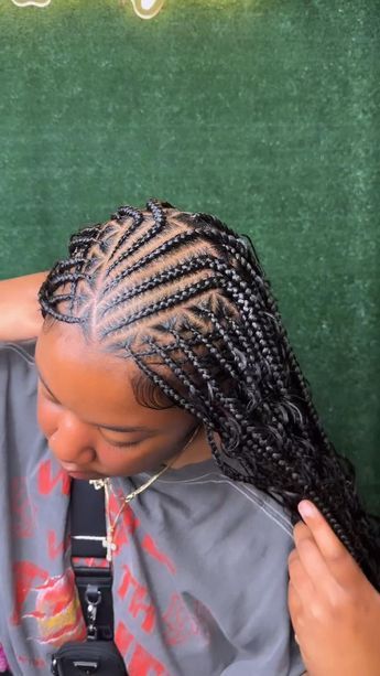 Funlani Braids For Black Women, Feed In With Box Braids, Attachment Styles Hair, Funlaini Braids, Flip Braid, Attachment Hairstyles, Braided Ponytail Hairstyles Black Women, Ponytail Hairstyles Black Women, Faux Bangs