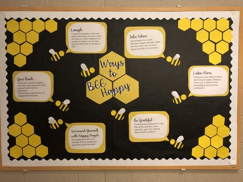 Ways to BEE Happy - Bee themed RA bulletin board, Well-Being, Bellarmine University Bee Theme For Classroom, Well Being Classroom Displays, Bee Hive Classroom Decorations, Bee Board Ideas, Bee Healthy Bulletin Board, Bee Display Classroom, Happy Bulletin Board Ideas, Bee Themed Office, Welcome To Our Hive Bulletin Board